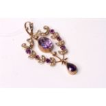 Art Nouveau Amethyst and Pearl Pendant, central Amethyst with Amethyst drop, seed pearl set