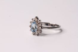 18ct white gold pear-shape aquamarine and round brilliant cut diamond cluster ring, aquamarine