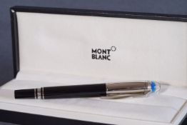 MONT BLANC FINELINER PEN W/ BOX, gloss black finish with polished silver accents throughout,