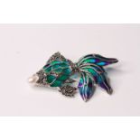 Silver flying fish brooch/pendant set with a pearl in its mouth and marcasites, and inlaid with mult