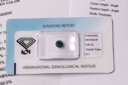 0.50ct Diamond, Round, Fancy Deep Greenish Blue (treated), SI1. IGI Certified.