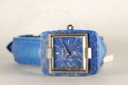 GENTLEMENS 18CT WHITE GOLD CENTURY WRISTWATCH, square lapis lazuli dial with silver sword hands,