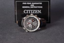 GENTLEMENS CITIZEN ECO DRIVE CHRONOGRAPH W/ PAPERS, circular two tone triple register dial with hour