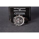 GENTLEMENS CITIZEN ECO DRIVE CHRONOGRAPH W/ PAPERS, circular two tone triple register dial with hour