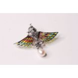 Silver angel brooch/pendant set with a suspended pearl and marcasites, and inlaid with multi-