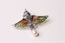 Silver angel brooch/pendant set with a suspended pearl and marcasites, and inlaid with multi-