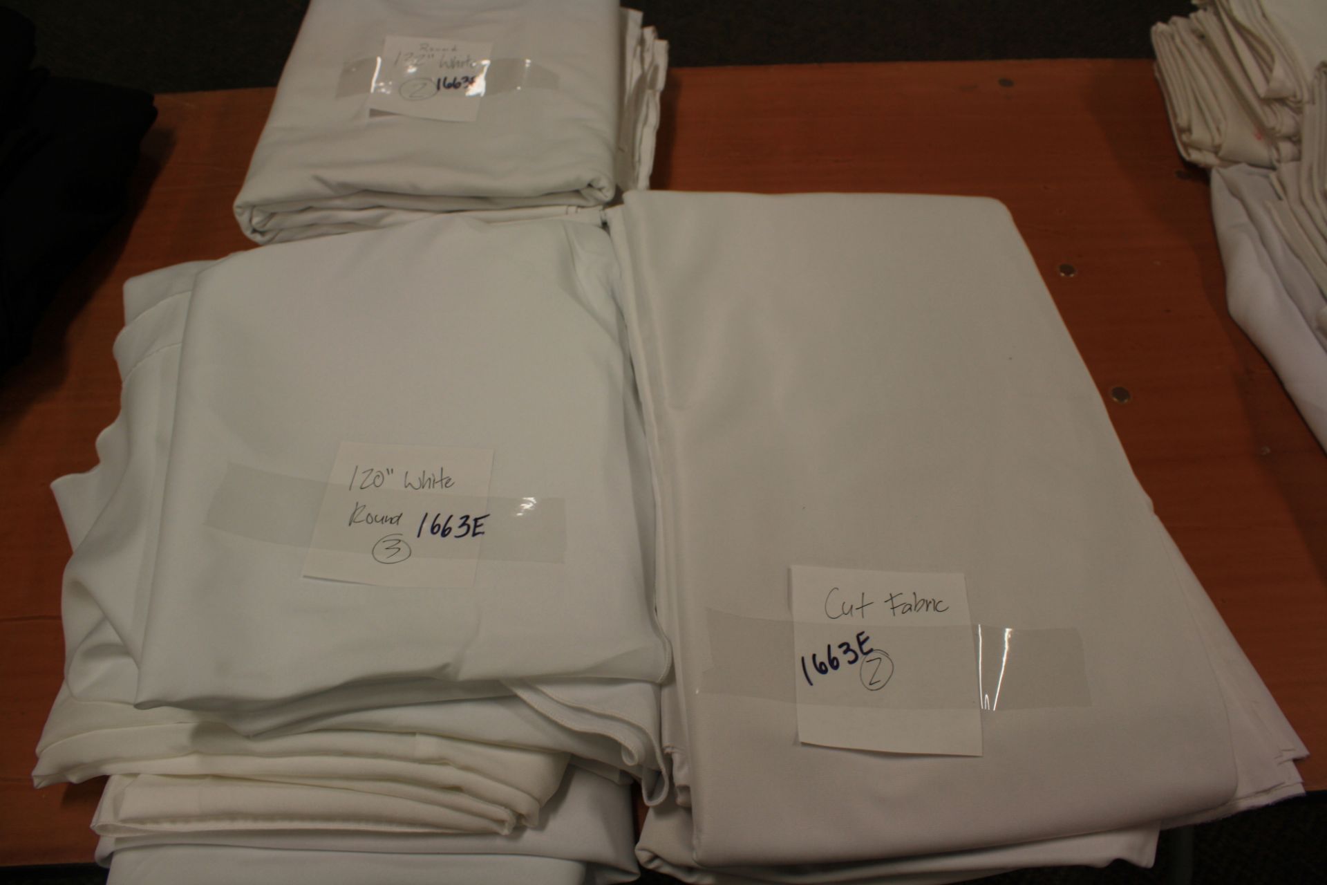 Lot of Misc White Linens including: (2) 132" Round, (3) 120" Round and (2) Pieces of Cut Fabric