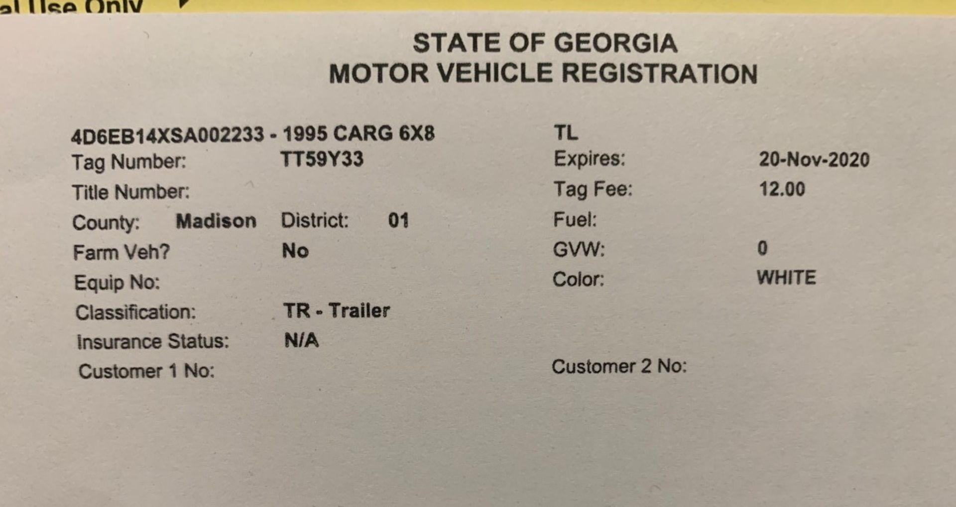 Enclosed Cargo Trailer - BILL OF SALE W/Ga Tag Registration Slip - Image 2 of 2