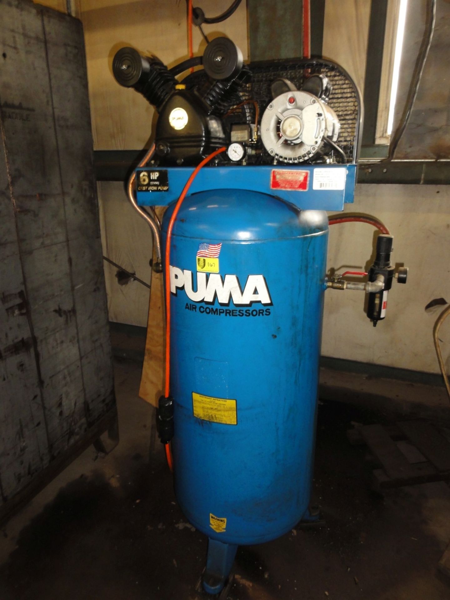 Puma Air Compressor, 6HP, Mdl PP6060V, 60 gal. tank, 125 PSI, 220 V Single Phase, SN EME423