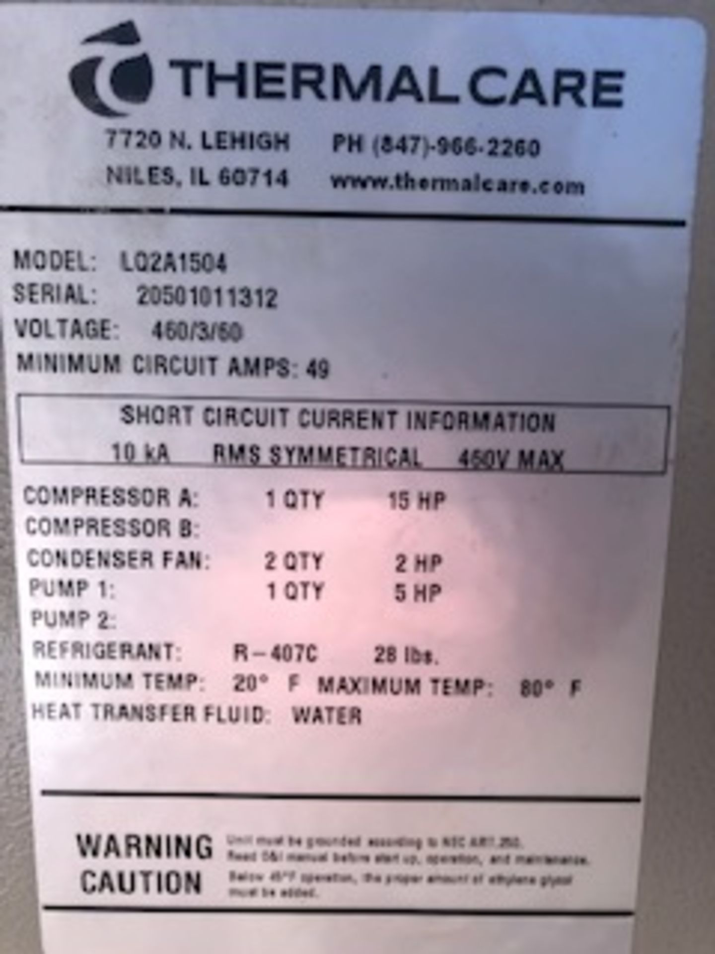 Thermal Care Model LQ2A1504 ACCU Chiller S/N:20501011312, Mfg. 2013 Compressor A 15 HP - Image 5 of 5