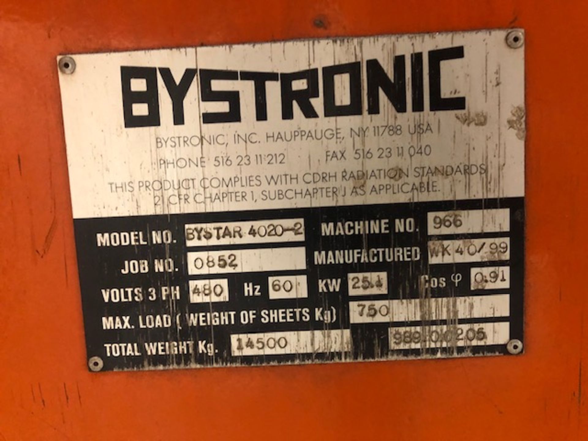 1999 Bystronic Bystar 4020 Laser, Wattage 3,000, work range 80" X 160" - Image 2 of 19