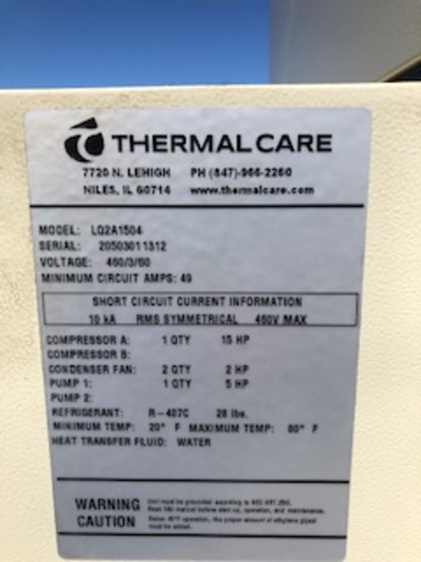 Thermal Care Model LQ2A1504 ACCU Chiller S/N:20503011312, Mfg. 2013 Compressor A 15 HP - Image 5 of 6