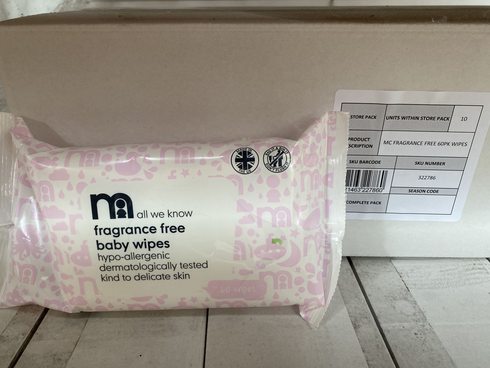 1 x Pallet of 220 x 60 packs of Fragrance Free Mothercare Wipes