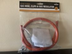 24 X BRAND NEW BOXED MILESTONE CAMPING BUTANE 28MBAR GAS HOSE, CLIPS AND GAS REGULATORS IN 2 BOXES