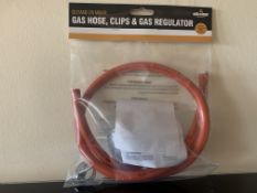 24 X BRAND NEW BOXED MILESTONE CAMPING BUTANE 28MBAR GAS HOSE, CLIPS AND GAS REGULATORS IN 2 BOXES