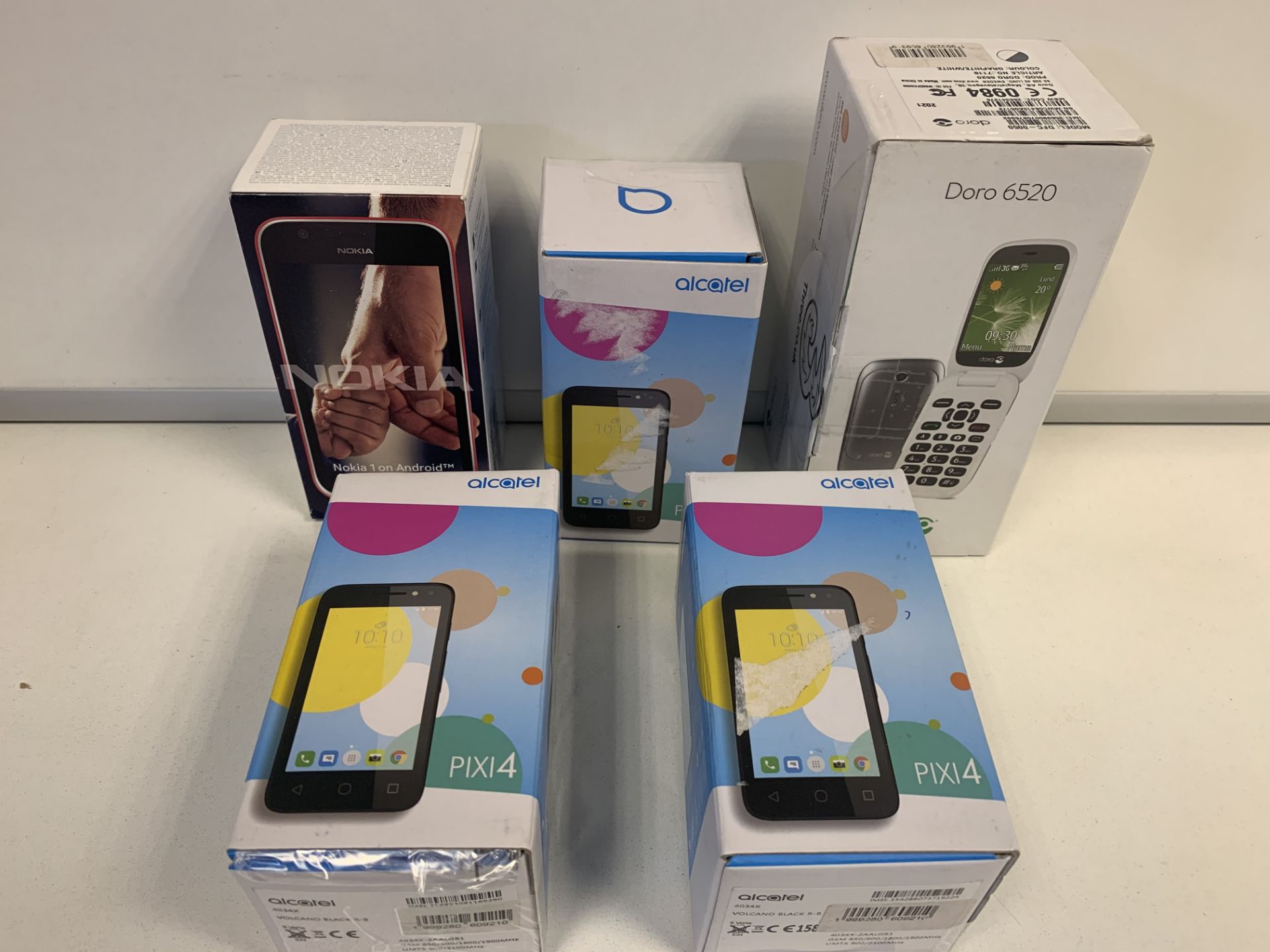 5 X RETAIL BOXED OPEN NETWORK MOBILE PHONES INCLUDING ALCATEL PIXI4, NOKIA 1, ETC