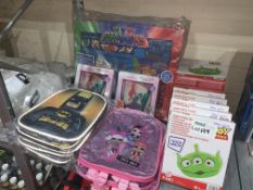 MIXED TOY LOT CONTAINING TOY STPRY POOL FLOATS, BATMAN BACKPACKS, LOL BACKPACKS, PJ MASKS GIANT