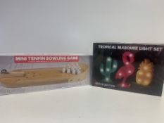 LOT CONTAINING 4 X MINI TENPIN BOWLING GAMES AND 4 X TROPICAL MARQUEE LIGHT SETS