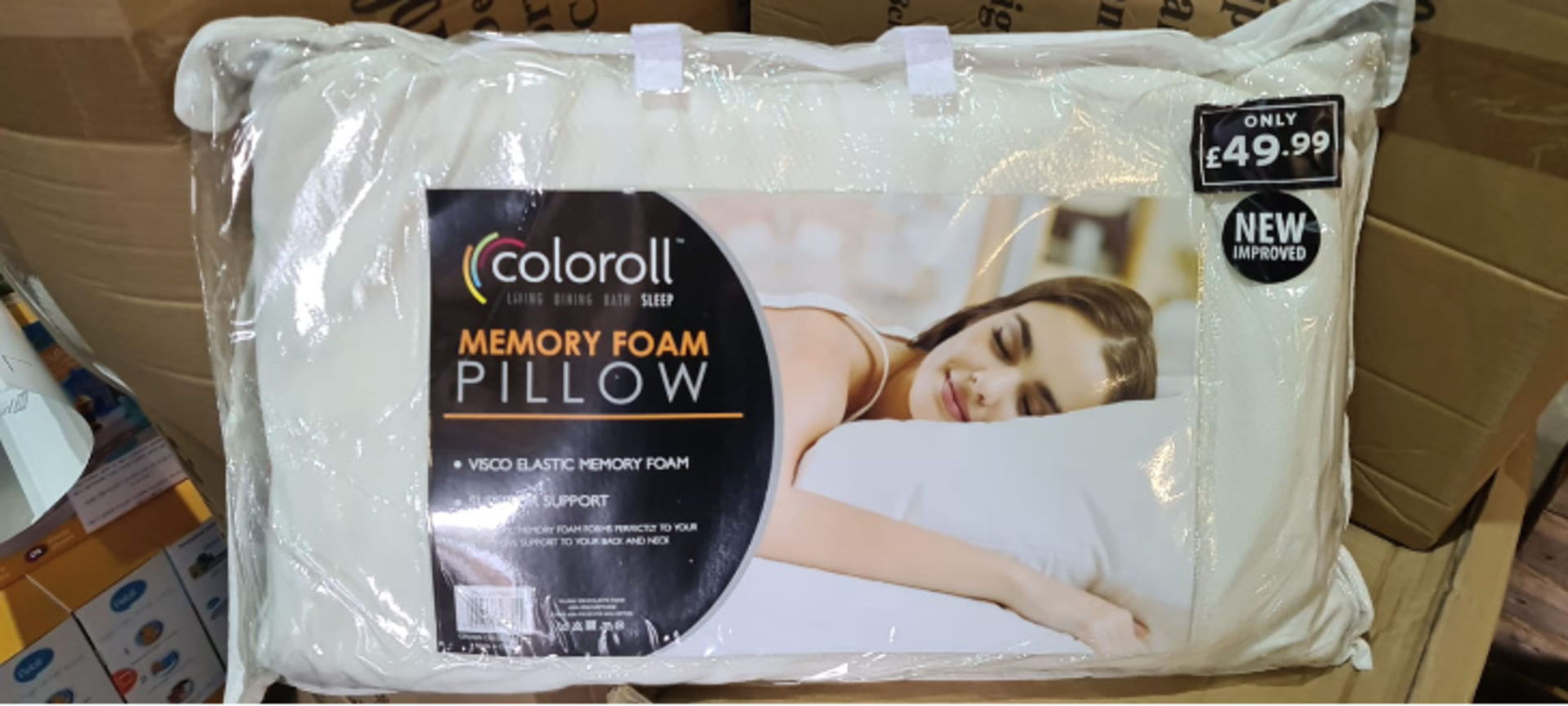 PALLET CONTAINING 70 COLOROLL MEMORY FOAM PILLOWS. PRICE MARKED AT £49.99 EACH. NOTE: