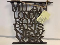 PALLET TO CONTAIN 1,584 x BRAND NEW DIE CUT MILAN, LONDON, ROME, PARIS, NEW YORK WOODEN PLAQUES. RRP