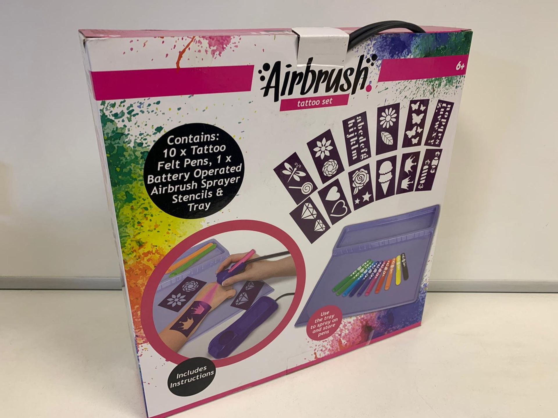 24 x BRAND NEW BOXED AIRBRUSH TATTOO SET. INCLUDES BATTERY OPERATED AIRBRUSH SPRAYER. CONTAINS 10