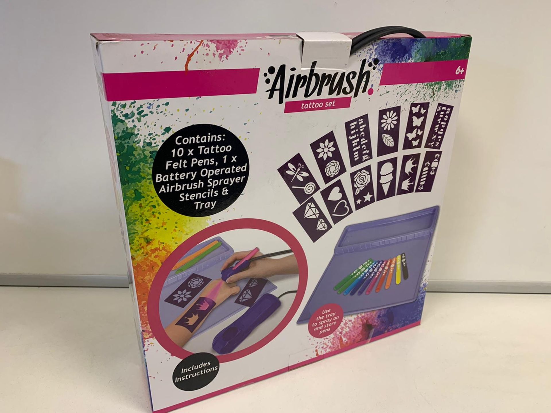 24 x BRAND NEW BOXED AIRBRUSH TATTOO SET. INCLUDES BATTERY OPERATED AIRBRUSH SPRAYER. CONTAINS 10