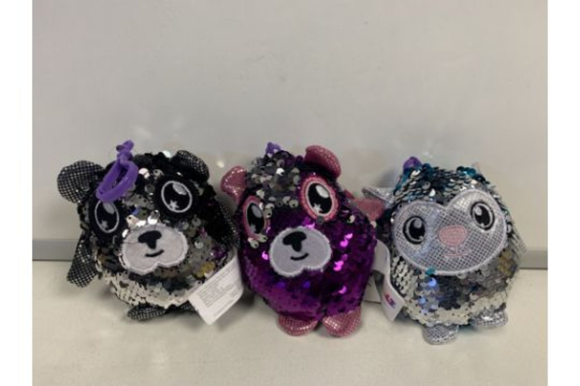 60 x BRAND NEW TAGGED - GLITTER PALZ CLIP ON SEQUIN PLUSH SMALL IN ASSORTED DESIGNS