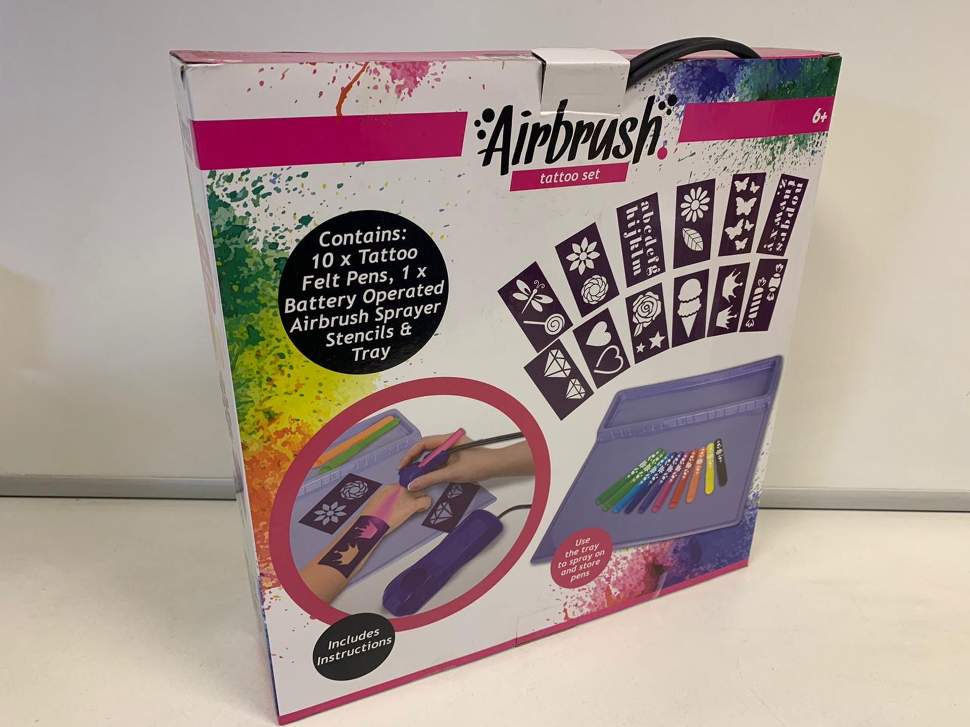 24 x BRAND NEW BOXED AIRBRUSH TATTOO SET. INCLUDES BATTERY OPERATED AIRBRUSH SPRAYER. CONTAINS 10