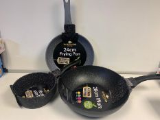 BRAND NEW BLACKMOOR PAN LOT INCLUDING 16CM MILK PAN, 24CM FRYING PAN, 28CM WOK