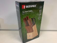 BRAND NEW BOXED BERGNER 13 PIECE NATURAL STAINLESS STEEL KNIFEBLOCK SET. (NOTE: COLLECTION ONLY - ID