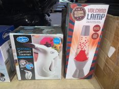 2 x BRAND NEW BOXED ITEMS INCLUDING PORTABLE GARMENT STEAMER & GLOBAL GIZMOS VOLCANO LAMP