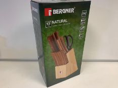 BRAND NEW BOXED BERGNER 13 PIECE NATURAL STAINLESS STEEL KNIFEBLOCK SET. (NOTE: COLLECTION ONLY - ID