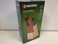 BRAND NEW BOXED BERGNER 13 PIECE NATURAL STAINLESS STEEL KNIFEBLOCK SET. (NOTE: COLLECTION ONLY - ID