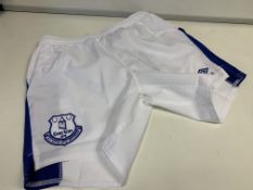 50 X BRAND NEW OFFICIAL EVERTON WHITE AND BLUE CHILDRENS SHORTS