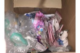 LARGE BOX OF MIXED MOTHERCARE PRODUCTS INCLUDING CARDS, PROBE COVERS, TEDDIES, TOYS, SLAM