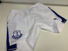 50 X BRAND NEW OFFICIAL EVERTON WHITE AND BLUE CHILDRENS SHORTS