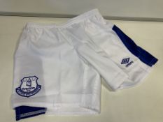 50 X BRAND NEW EVERTON CHILDRENS WHITE AND BLUE FOOTBALL SHORTS