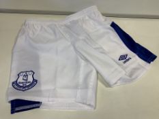 50 X BRAND NEW EVERTON CHILDRENS WHITE AND BLUE FOOTBALL SHORTS