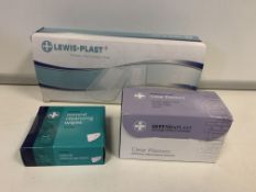 LOT CONTAINING 14 X RELIWIPW PACKS OF 10 WOUND CLEANING WIPES, 19 X DEPENDAPLAST PACKS OF CLEAR