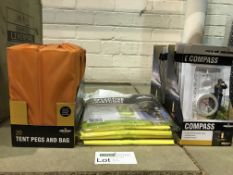 LOT CONTAINING 3 X 20 TENT PEGS AND BAGS, 4 X MILESTONE REFLECTIVE WAISTCOATS, 12 X MILESTONE