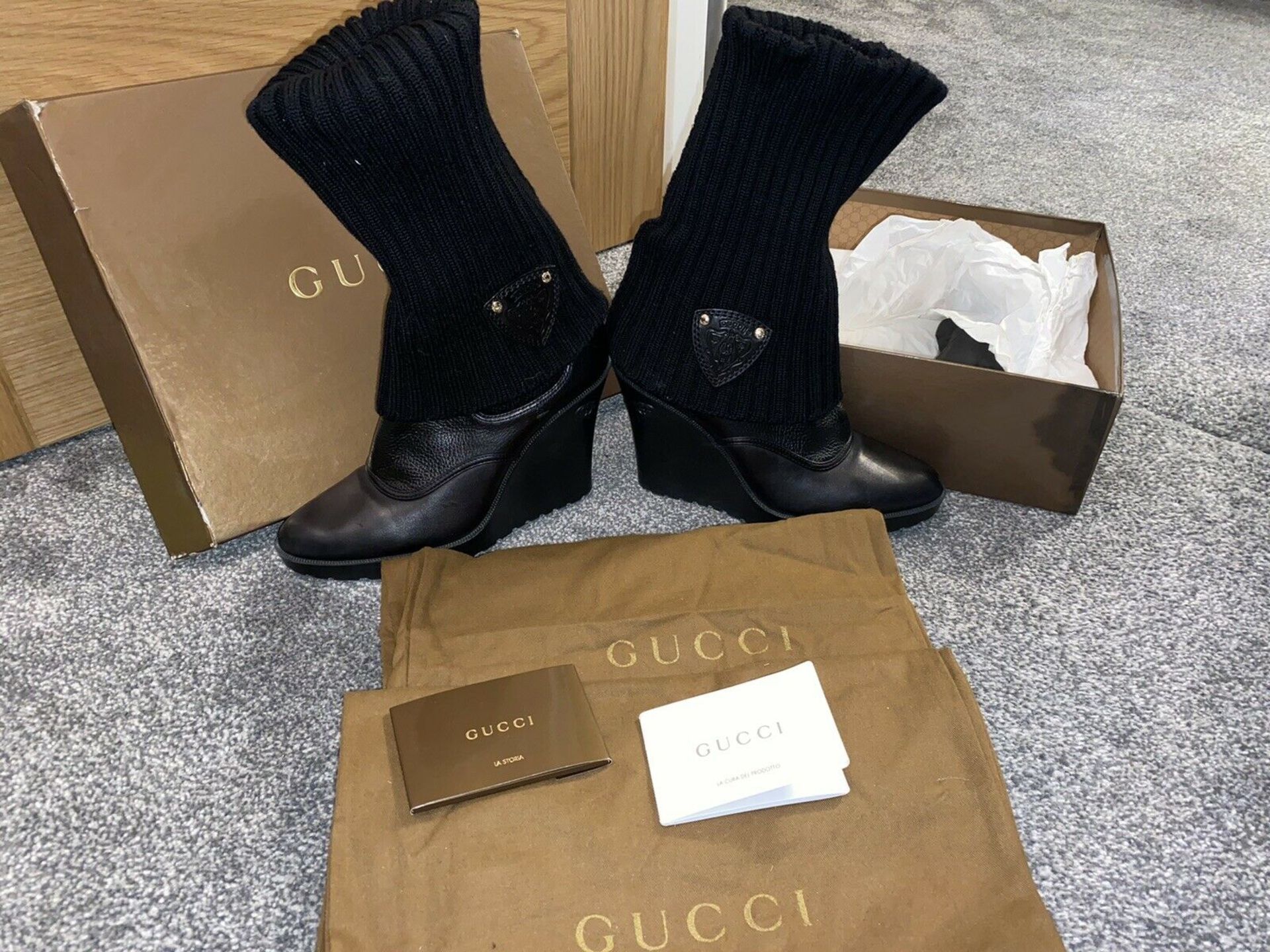 Genuine Gucci Black Knit Wedge Boots UK 6 Womens