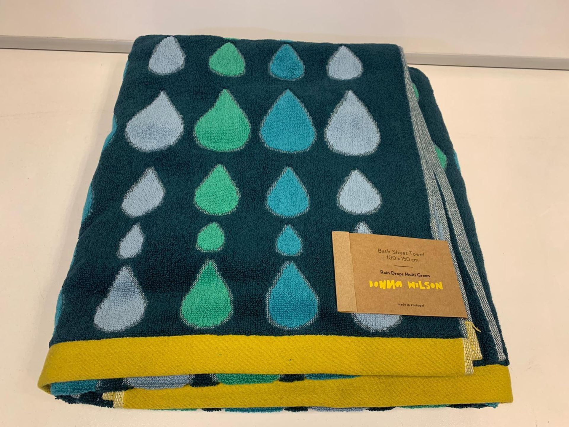 10 X BRAND NEW BOXED DONNA WILSON RAIN DROPS MULTI GREEN BATH SHEET TOWELS 100 X 150CM RRP £36 EACH