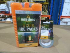 LOT CONTAINING 30 X ROLLS OF MILSTONE MULTI PURPOSE TENT REPAIR TAPE, 4 X PACKS OF 3 COOL ICE PACKS
