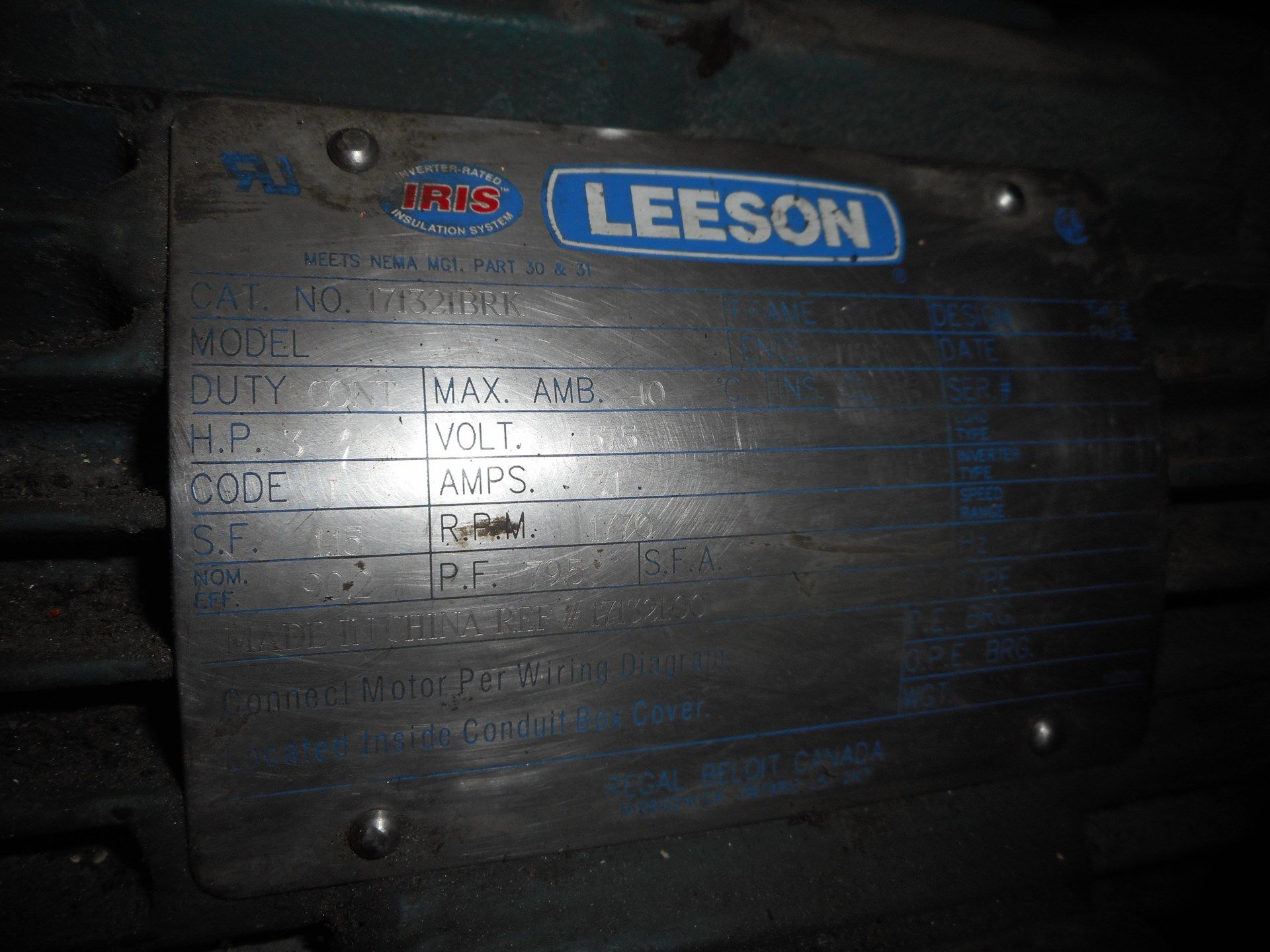 GEAR MOTOR LEESON 3 HP, 575 VOLT, 1770 RPM - Image 2 of 4