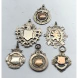 Selection of 6 antique silver watch chain fobs all with silver hallmarks weight 50g