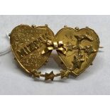 Antique 9ct gold double heart Mizpah brooch