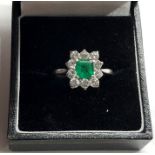 Fine 18ct white gold and plat Emerald and diamond ring central emerald measures approx 5.5mm by 5 mm