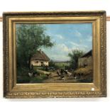 Signed gilt framed oil on canvas, farm yard scene