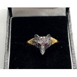 Fine Rose diamond fox head ring set in gold and silver fox head with ruby eyes and rose cut diamonds