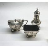 Art deco silver cruet set full Birmingham silver hallmarks in good condition but only 1 blue glass l